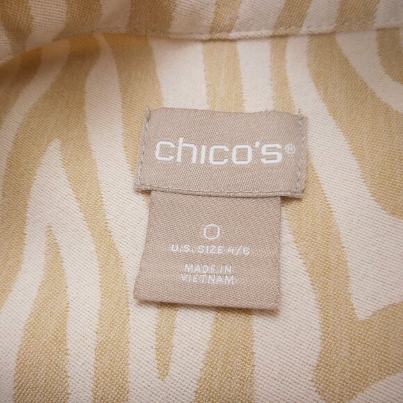 Chico's size 0 Women's S Tunic Top Beige Zebra 1/4 Button Collared Neutral Shirt - Picture 9 of 11